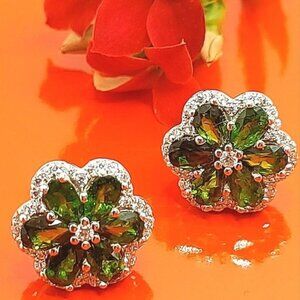 Natural Chrome Diopside & CZ 925‎ Sterling Silver Earrings